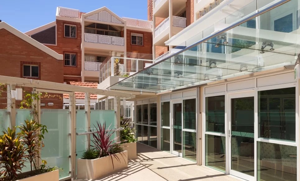 Public housing outdoor walkway at Dougherty Apartments.