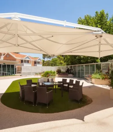 Outdoor seating area at Dougherty Apartments