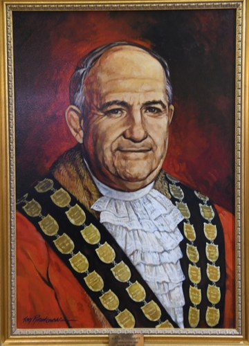 Portrait painting of Mr Bob Dougherty, founder of Dougherty Apartments