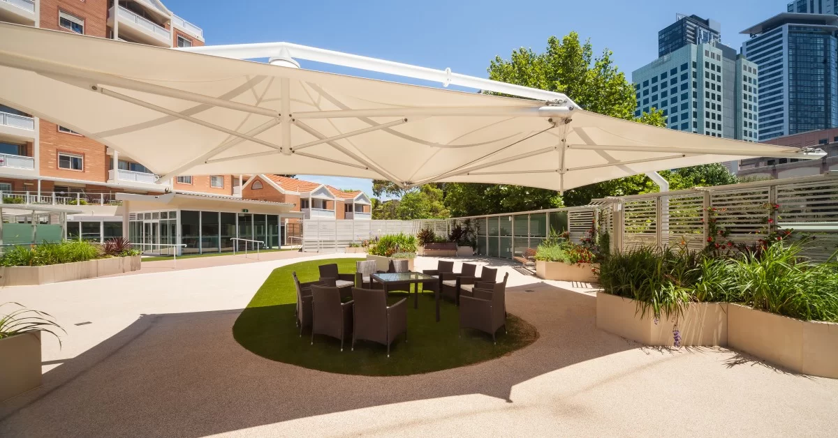 Outdoor seating area at Dougherty Apartments