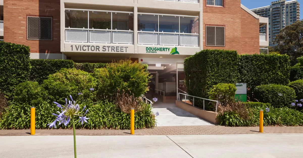 The Dougherty Apartments building entrance at 1 Victor Street, Chatswood