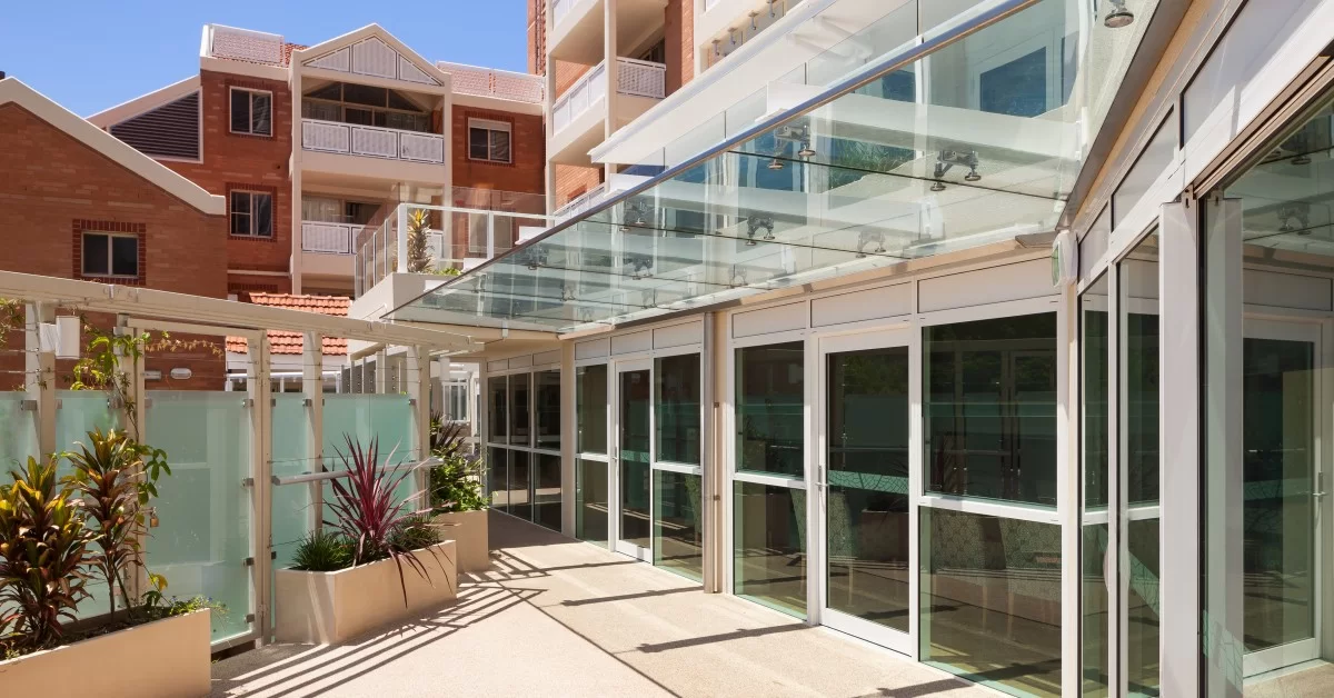 Outdoor walkway at Dougherty Apartments